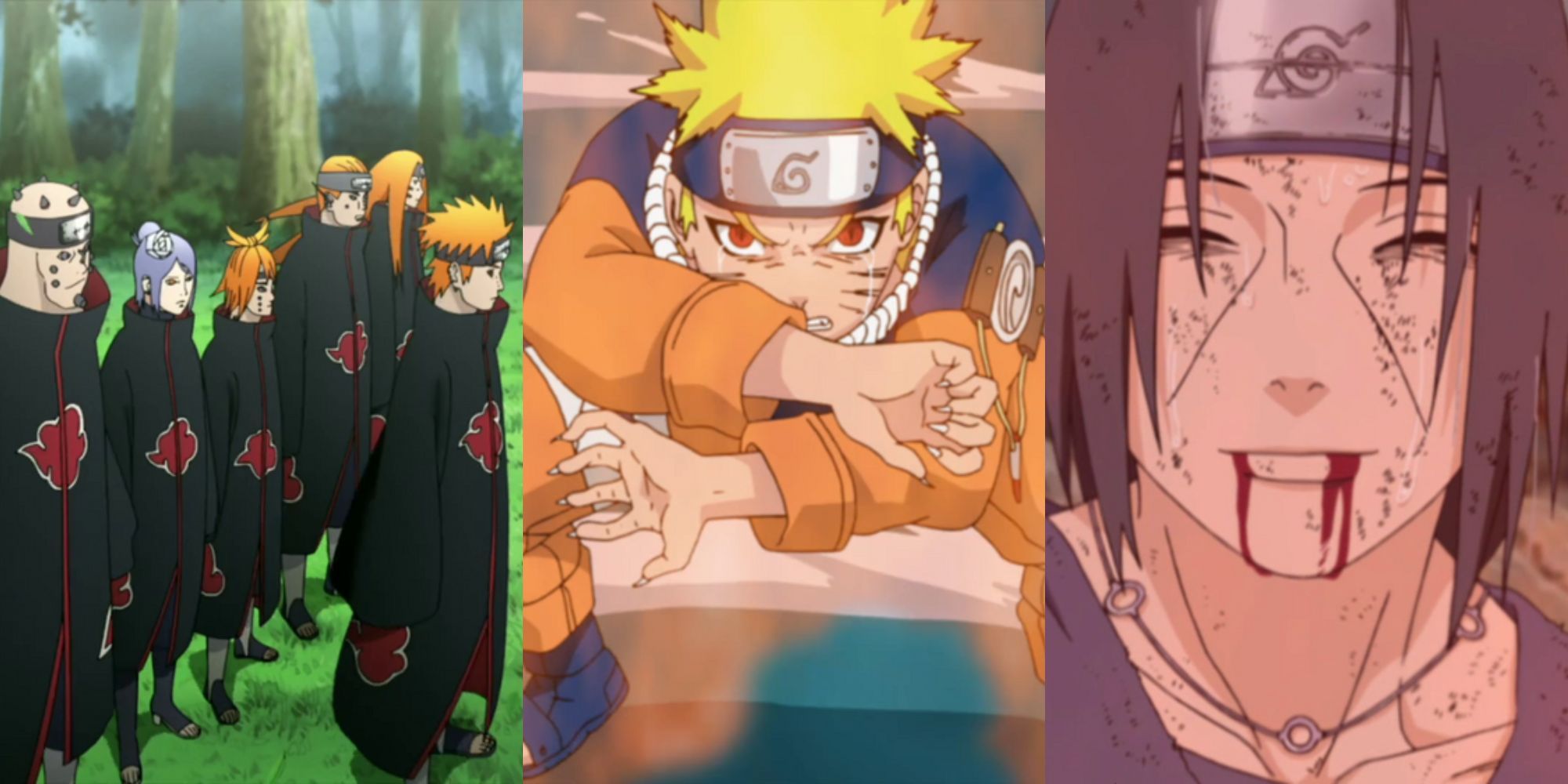 A collage of three Naruto arcs with great stories: Pain's Assault, Sasuke Recovery Mission and Fated Battle Between Brothers.