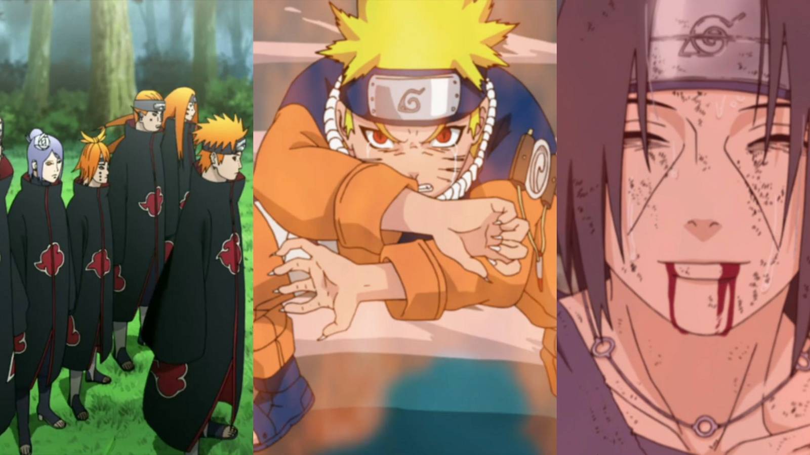 A collage of three Naruto arcs with great stories: Pain's Assault, Sasuke Recovery Mission and Fated Battle Between Brothers.