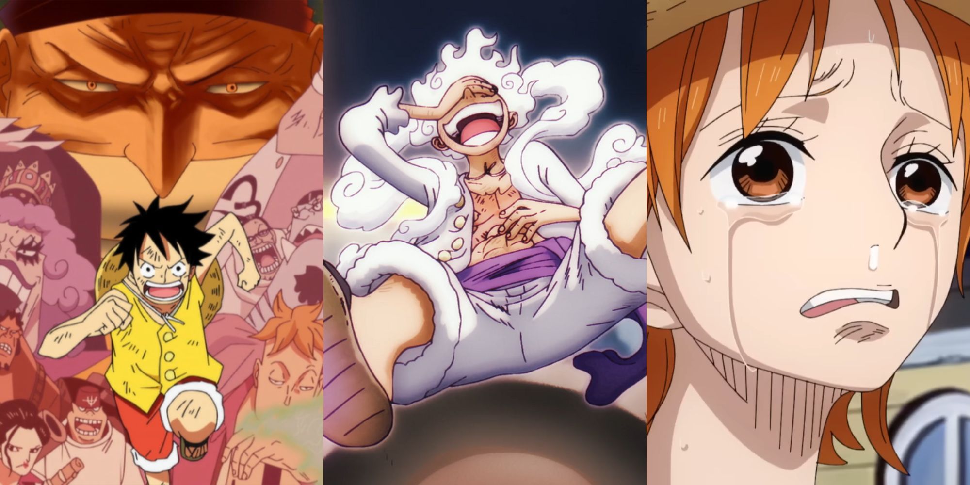 A collage of screenshots from 3 One Piece arcs with great stories: Marineford Arc, Wano Country Arc and Arlong Park Arc.