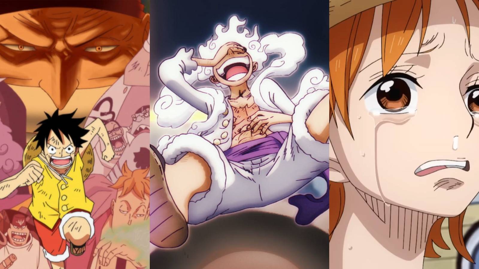 A collage of screenshots from 3 One Piece arcs with great stories: Marineford Arc, Wano Country Arc and Arlong Park Arc.