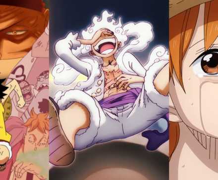 Kolase tangkapan layar dari 3 One Piece arc dengan cerita hebat: Marineford Arc, Wano Country Arc dan Arlong Park Arc.