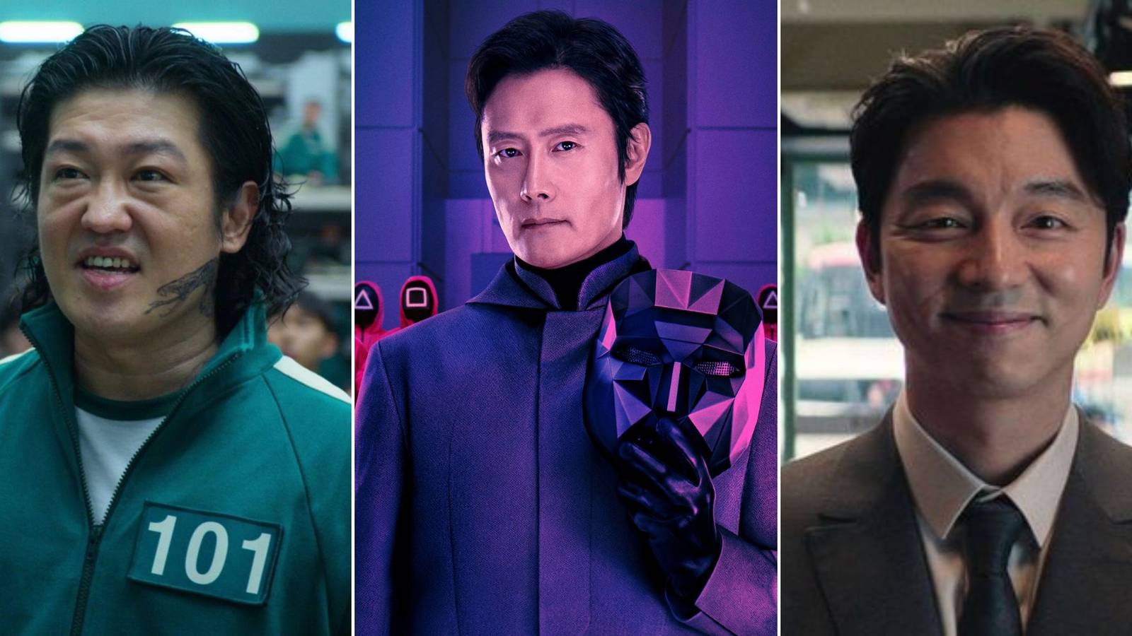 A collage of three irredeemable Squid Game characters: Jang Deok-Su, The Front Man and the Recruiter.
