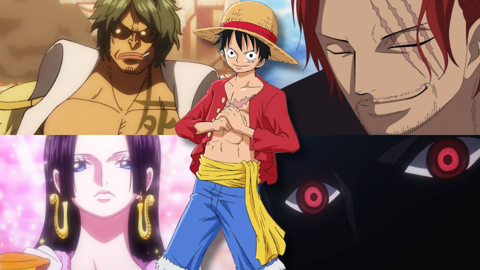A collage of Monkey D. Luffy alongside four powerful characters he never fought: Aramaki, Shanks, Boa Hancock and Imu.