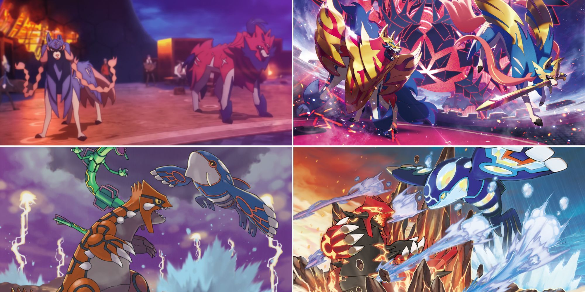 A collage of four Pokemon who have multiple strong alternate forms: Zacian and Zamazente, and Groudon and Kyogre.