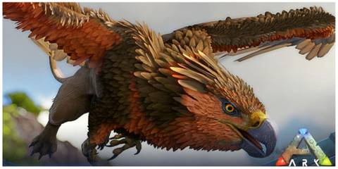 Orange griffin flying with hill and sky blurred in background