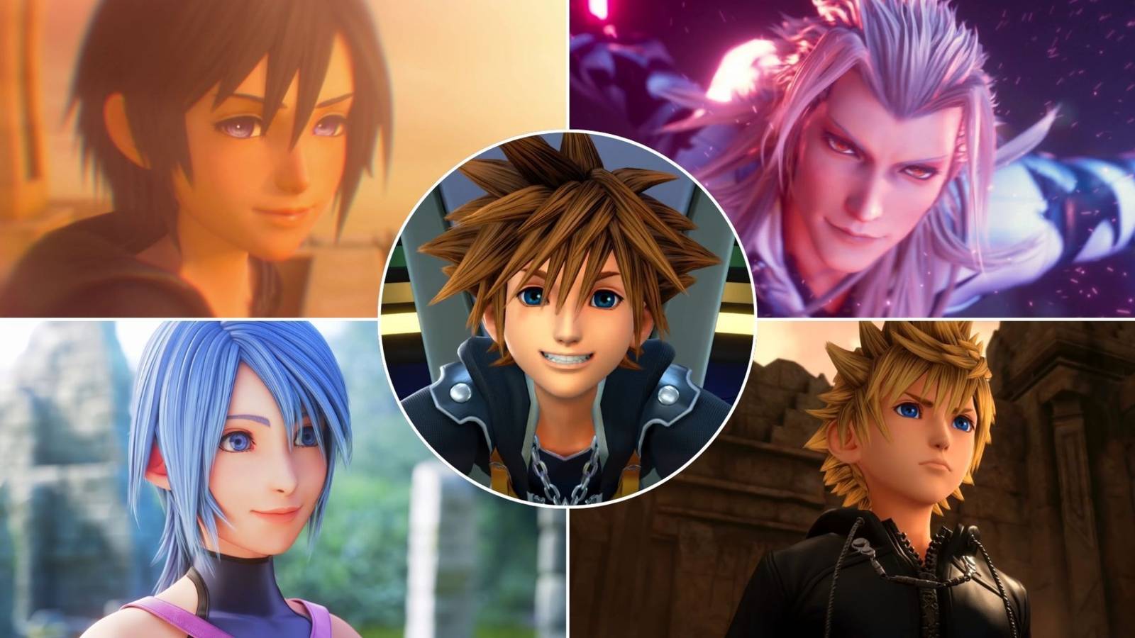 A collage of five great Kingdom Hearts characters_ Xion, Xemnas, Aqua, Roxas and Sora. (1)