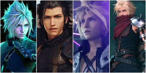 A collage of images of Cloud in various mods for Final Fantasy 7 remake (1)