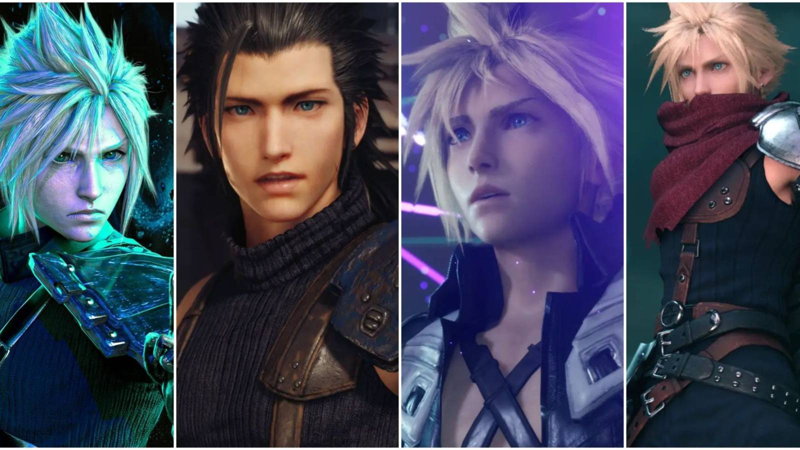 A collage of images of Cloud in various mods for Final Fantasy 7 remake (1)