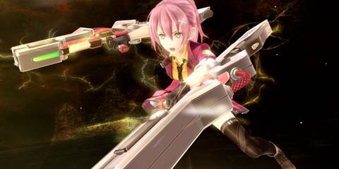 A determined pink-haired warrior wields dual railguns, surrounded by lightning, in Trails of Cold Steel 4