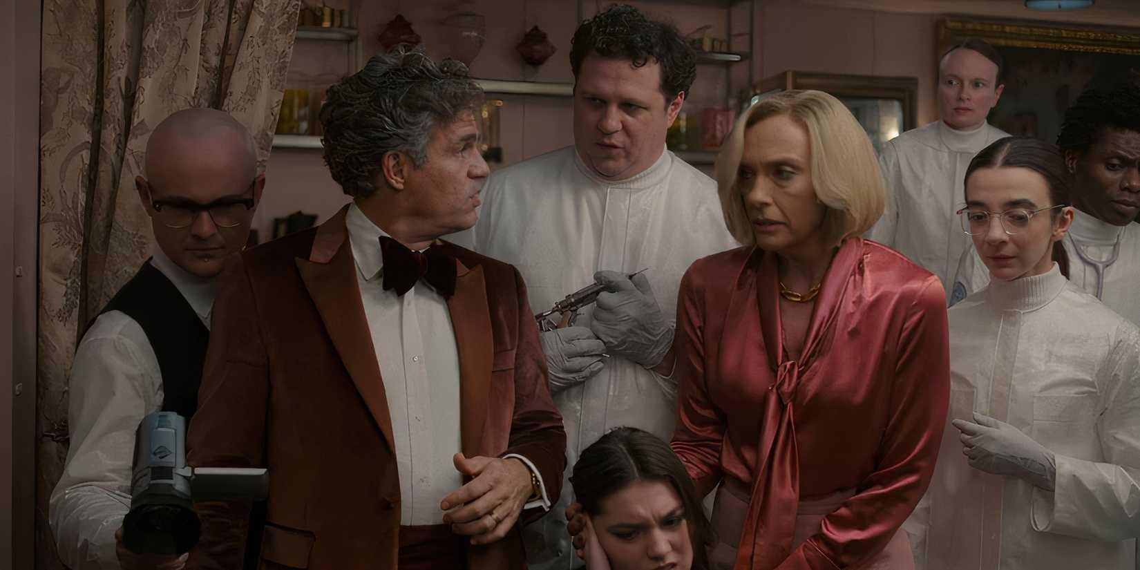 A dinner scene in Mickey 17