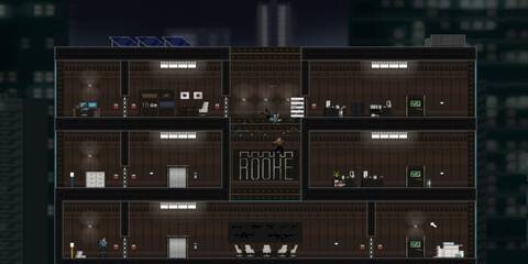 A guard falling from the roof of a building in Gunpoint