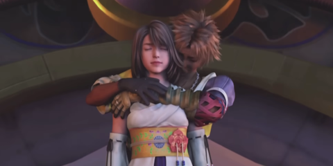 A Key Frame From Final Fantasy 10 Showing Tidus & Yuna Embracing During Tidus' Final Moments