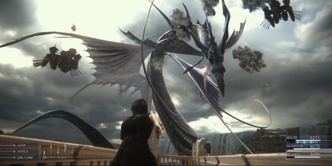 A Key Frame From Final Fantasy 15 Showing The Game's Protagonist Readying To Attack A Serpant-Like Creature