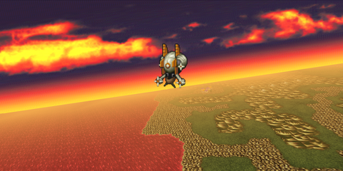 A Key Frame From Final Fantasy 6 Showing The Party's Airship Navigating The Overworld At Sunset