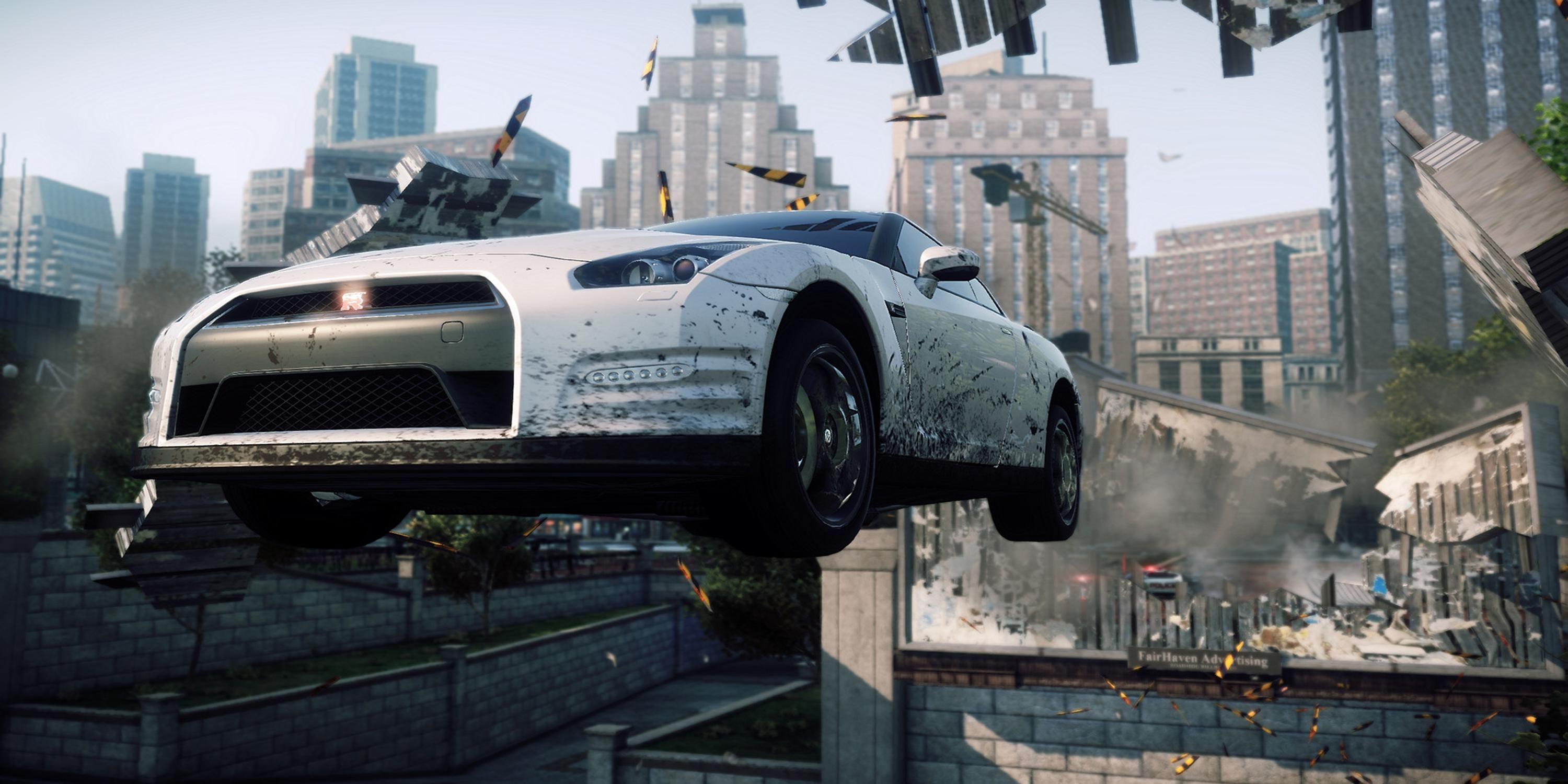 A Nissan jumping through a billboard in Need for Speed Most Wanted