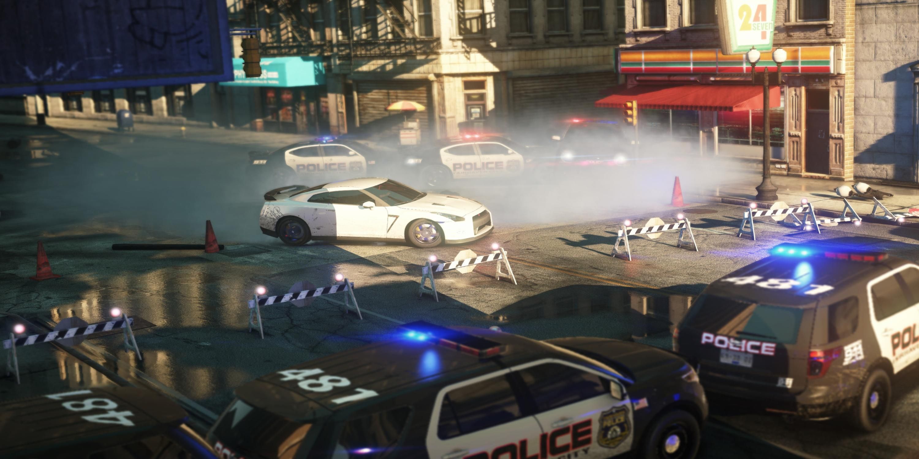 A Nissan surrounded by cops in Need for Speed Most Wanted