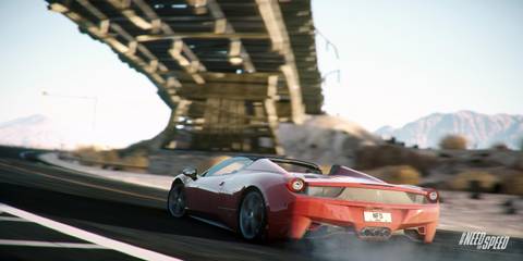 A red Ferrari driving under a bridge in Need for Speed Rivals