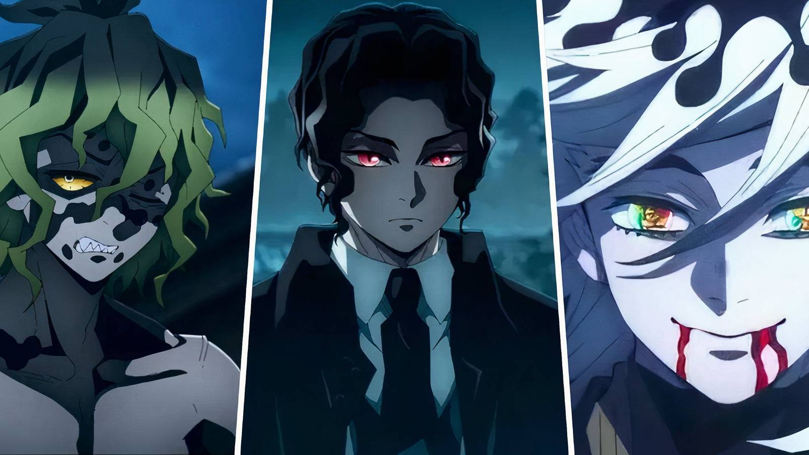 A split image of Gyutaro, Muzan and Doma in Demon Slayer