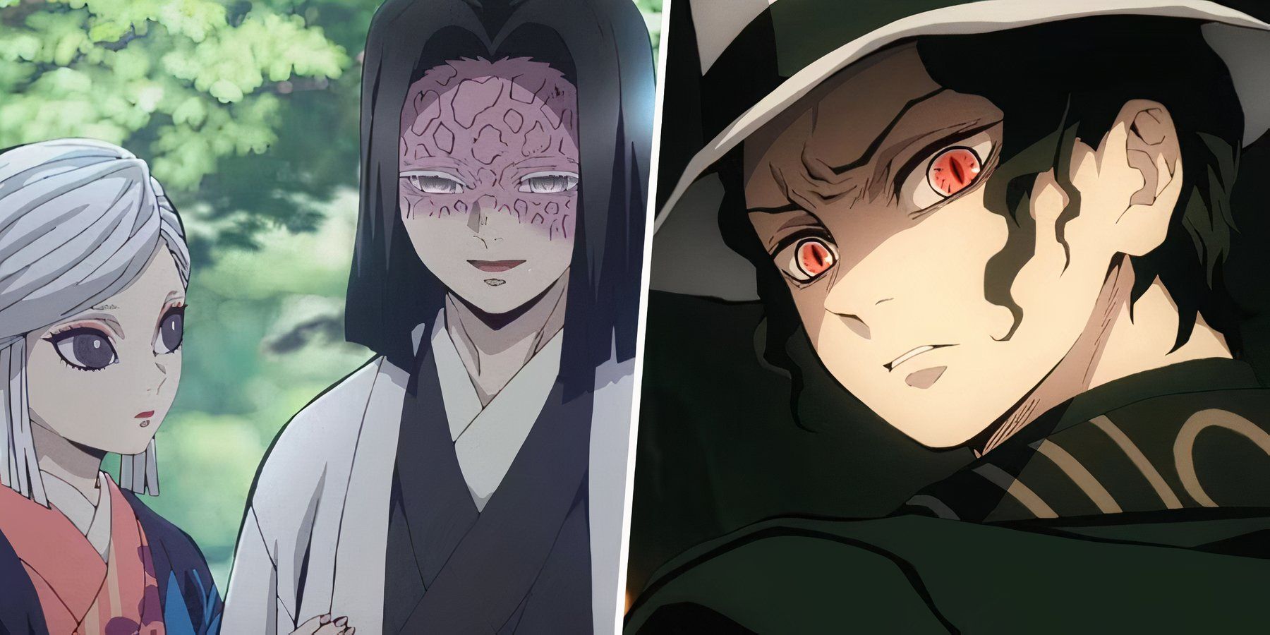 A split image of Kagaya, his wife Amane and Muzan in Demon Slayer (1)