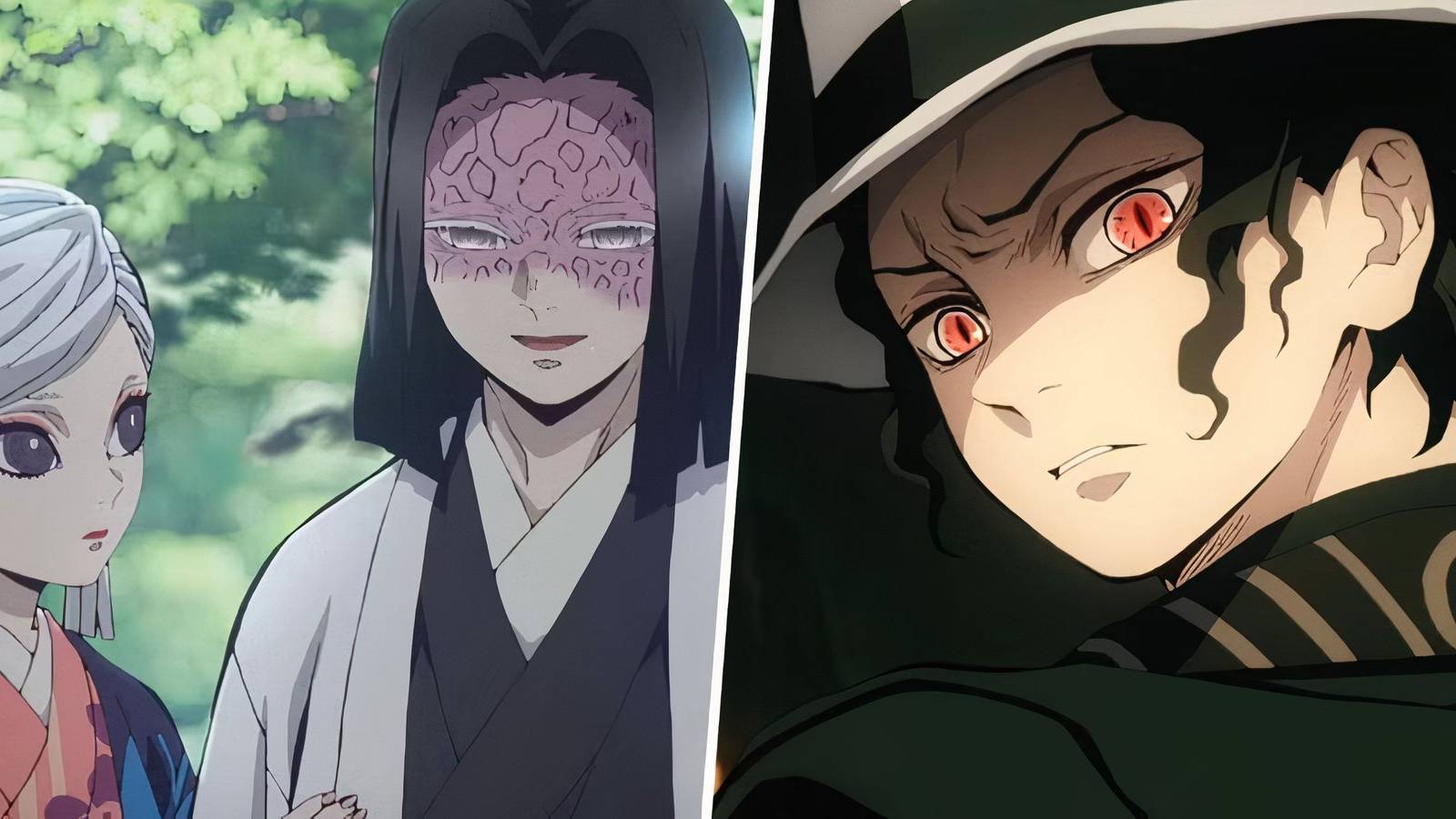 A split image of Kagaya, his wife Amane and Muzan in Demon Slayer (1)