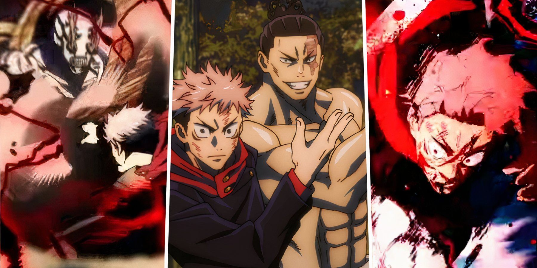 A split image of Yuji and Todo, and Yuji using Black Flash against Hanami in Jujutsu Kaisen (1)