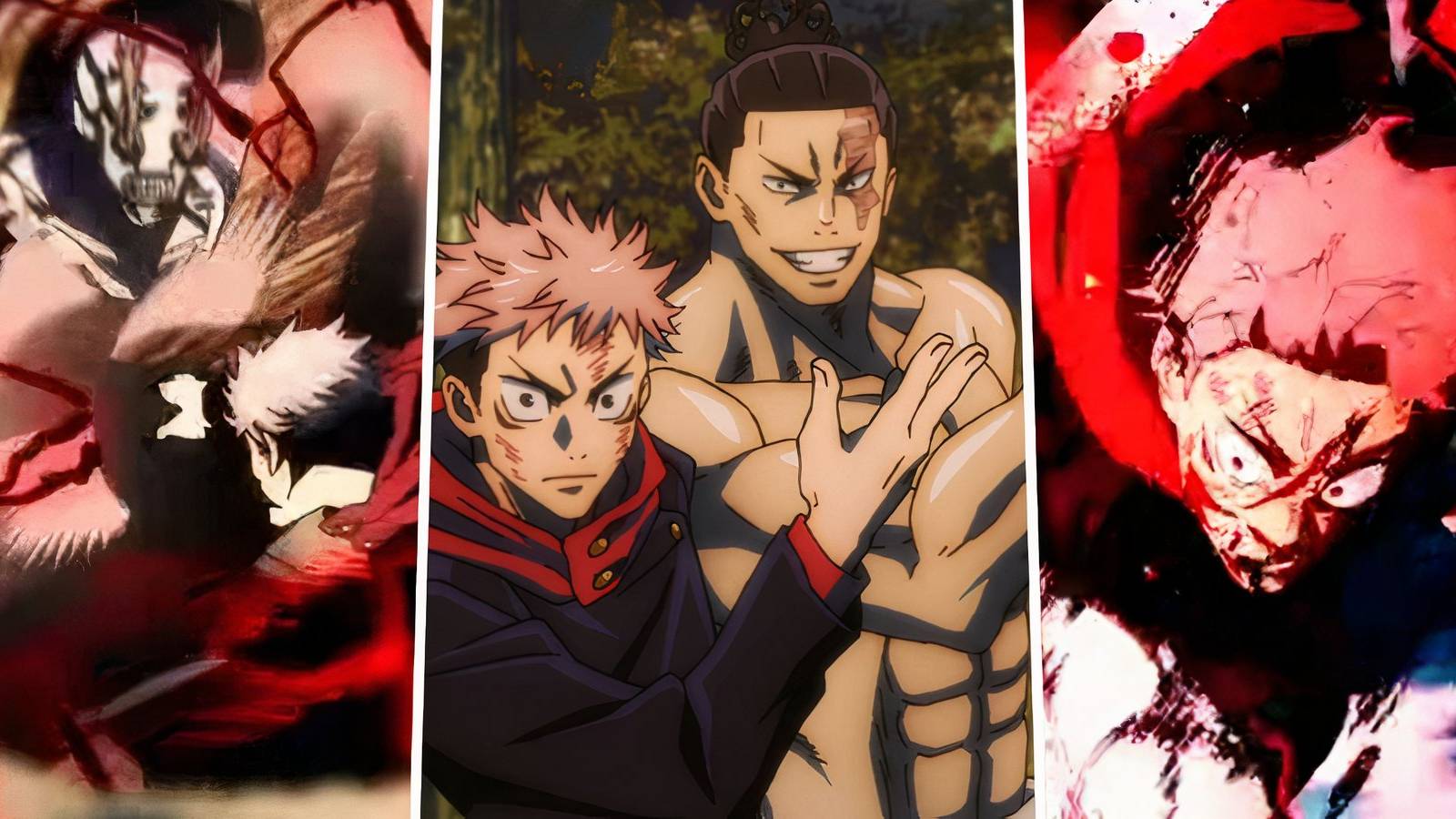 A split image of Yuji and Todo, and Yuji using Black Flash against Hanami in Jujutsu Kaisen (1)