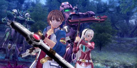 A trio of heroes stands ready with their weapons, backed by towering mechs, in Trails of Cold Steel 4
