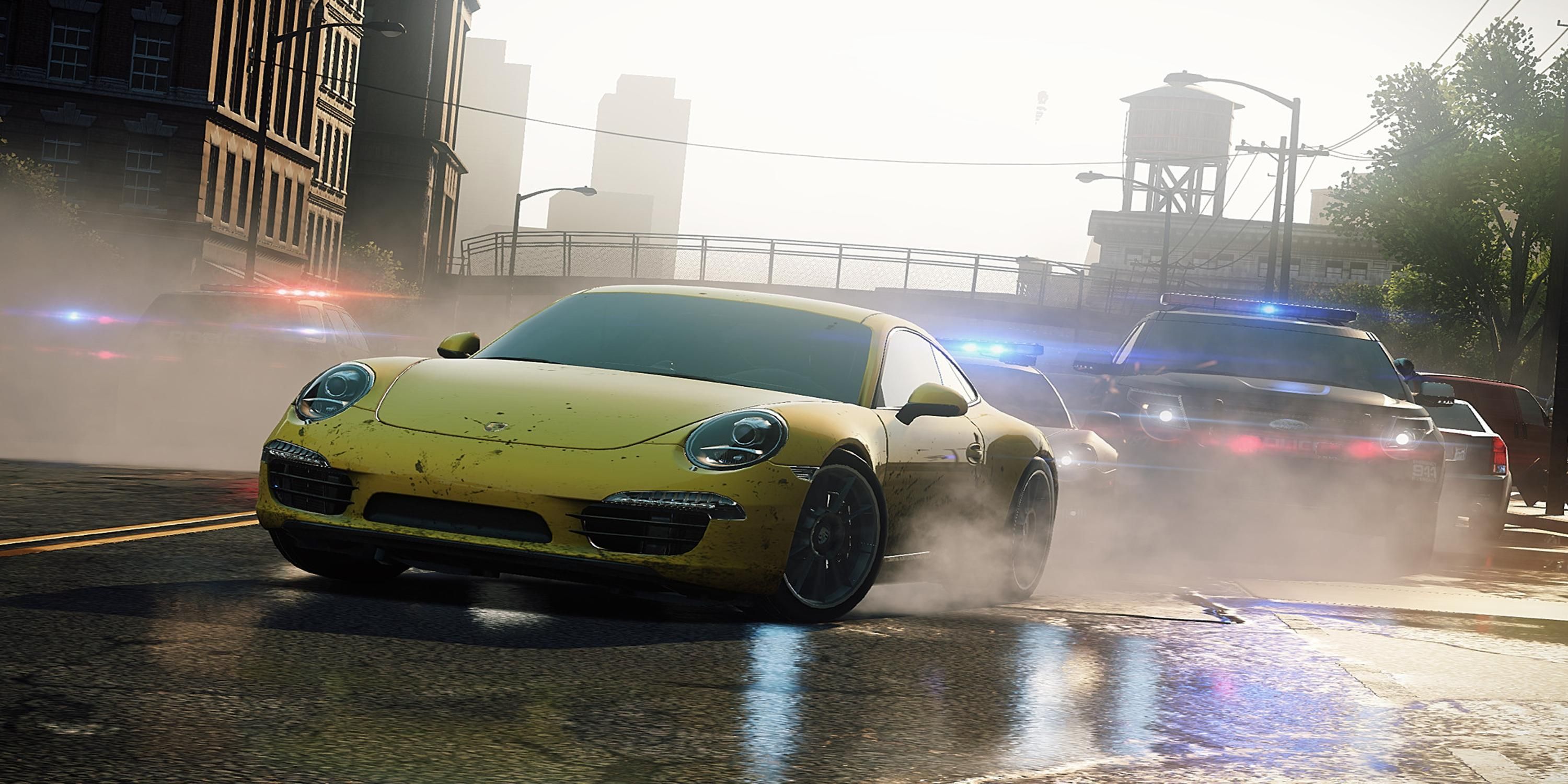 A yellow Porsche bein chased by cops in Need for Speed Most Wanted