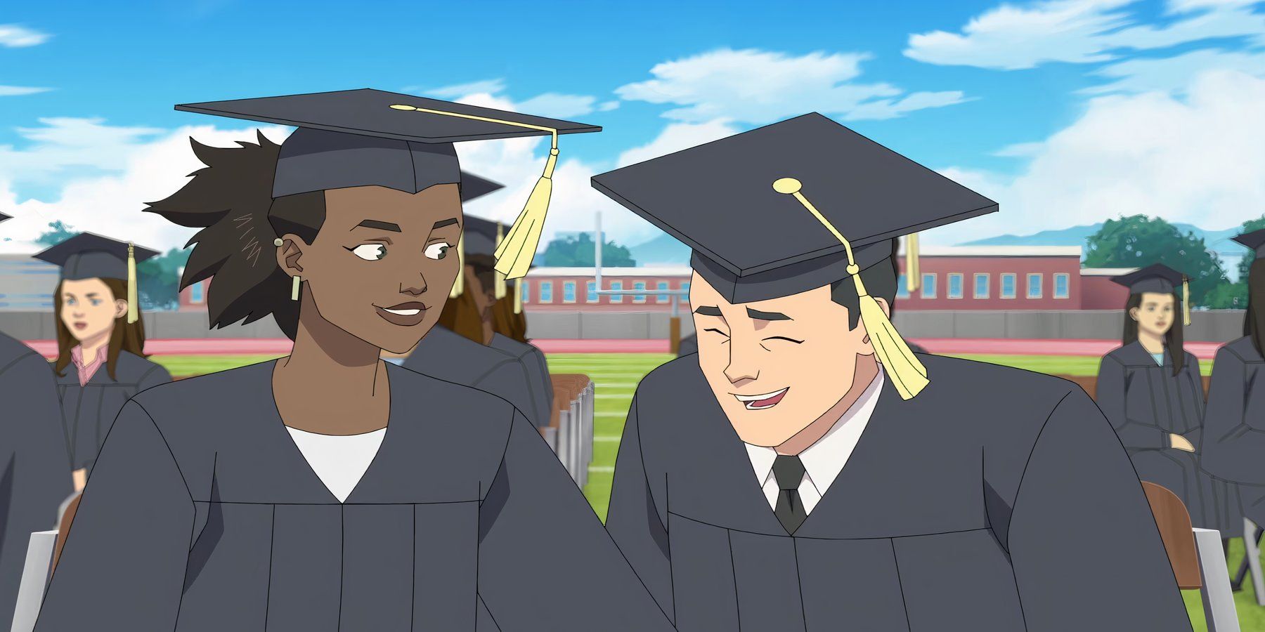 Amber and Mark having a laugh at high school graduation in Invincible