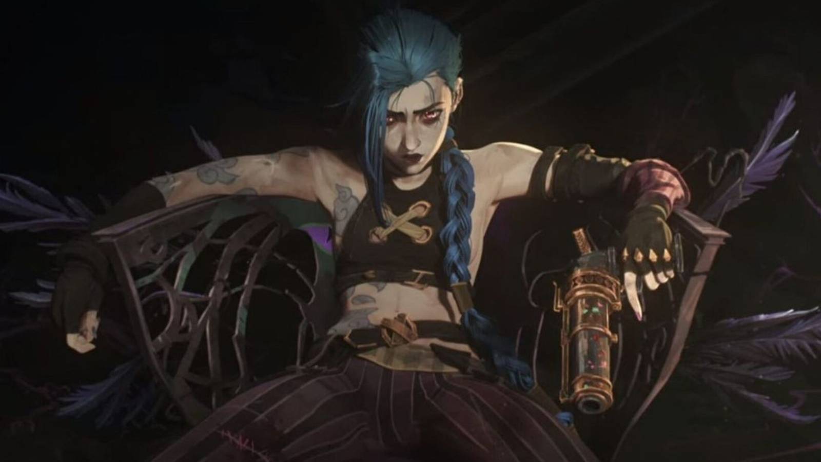 jinx in arcane sitting in chair with gun