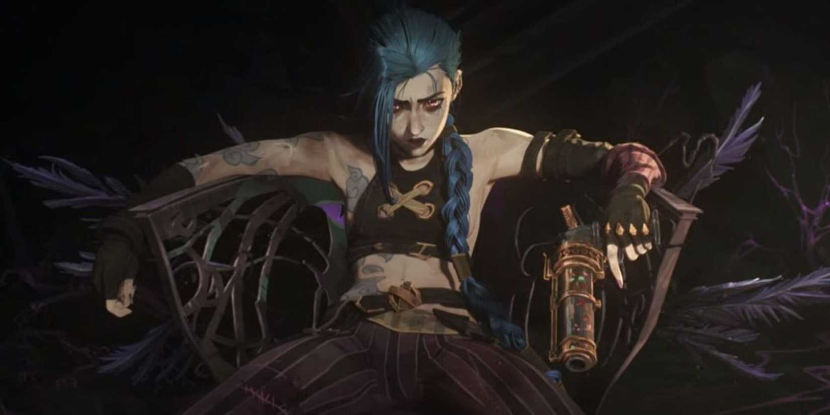 Jinx sitting in a chair with her gun in Arcane