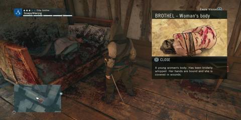 Arno looking at a dead body in a brothel in Assassin's Creed Unity
