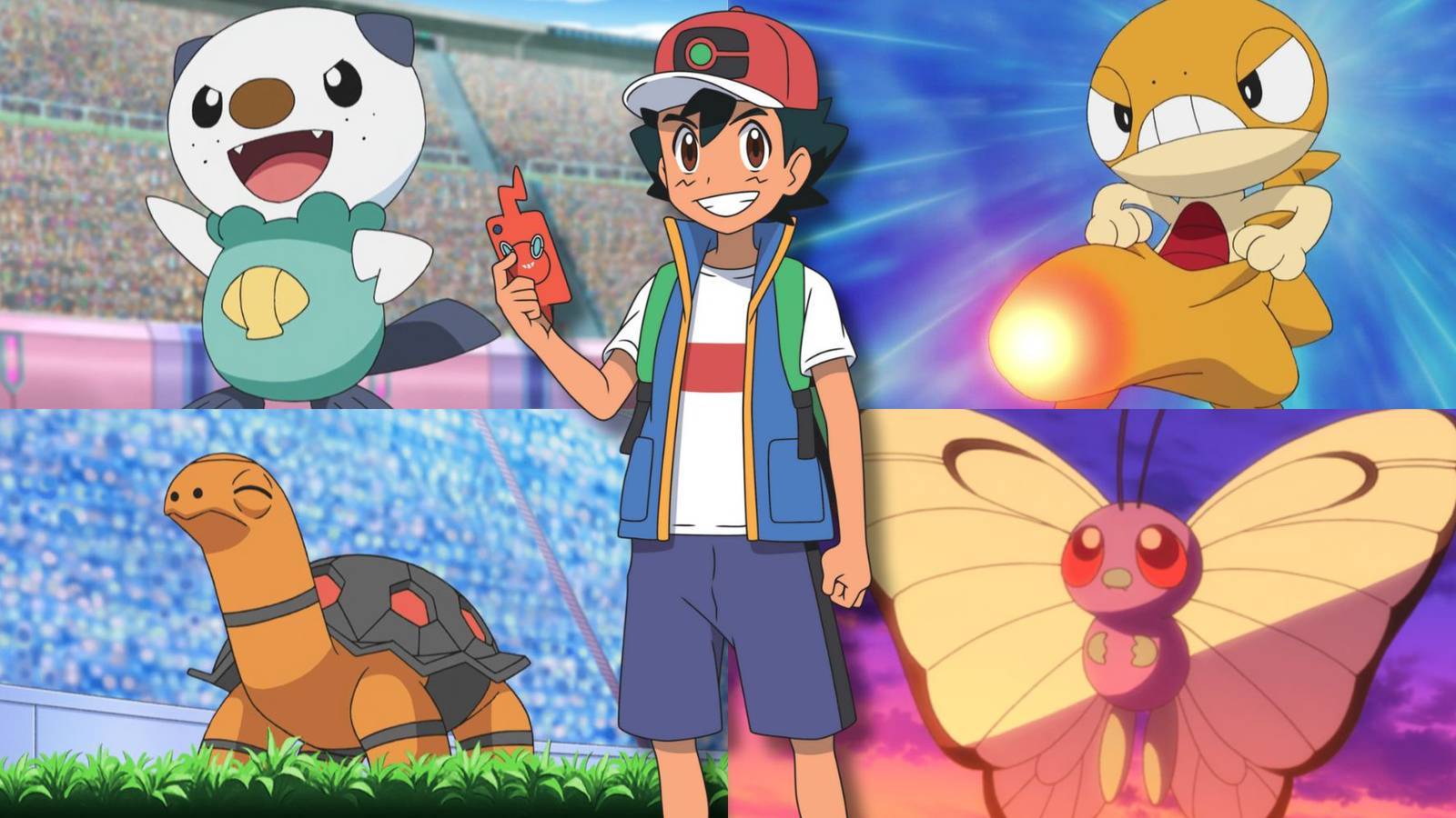 A collage of four of Ash Ketchum's weakest Pokemon: Oshawott, Scraggy, Torkoal and Butterfree.