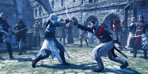 Altair Ibn La Ahad fighting a guard in Asassin's Creed