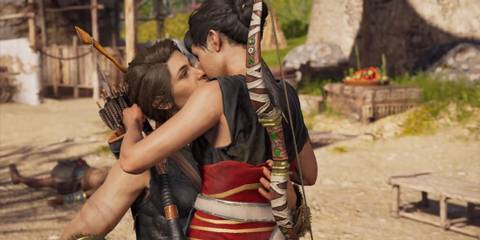 Assassin's Creed Odyssey Kassandra embracing Odessa