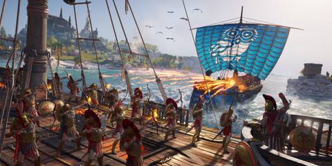 Assassin's Creed Odyssey promo image of a ship battle