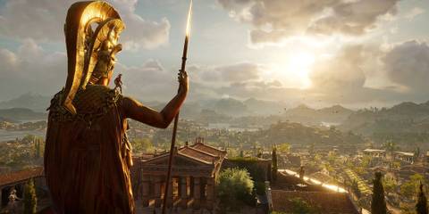 Assassin's Creed Odyssey stading on a statue overlooking the city