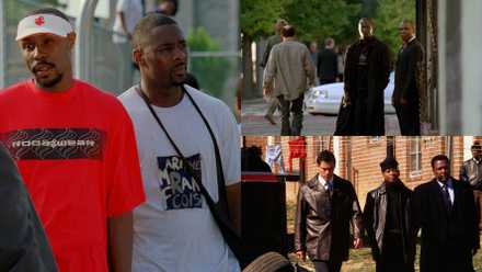 Avon Barksdale and Stringer Bell at a basketball game, Omar Little and Brother Mouzone, and McNulty, D'Angelo, and Bunk from The Wire