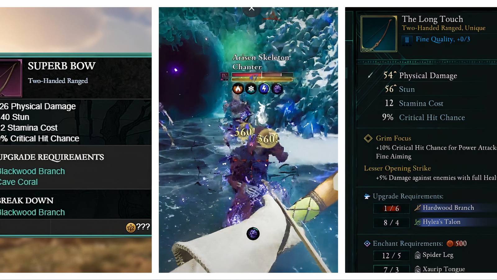 Avowed split image of Superb Bow, Storm Sworn in battle, and Long Touch Bows