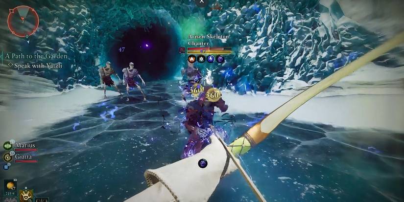 Avowed Storm Sworn bow firing a shock at the skeleton near the ice cave entrance