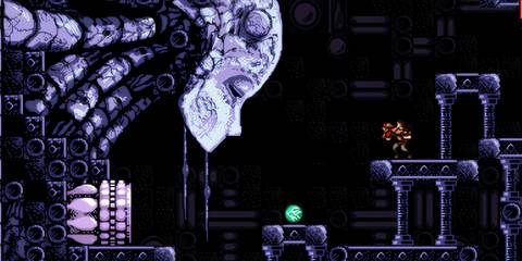 Trace encountering a large face wall in Axiom Verge