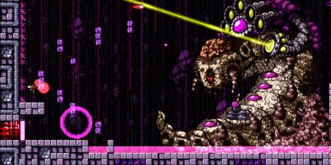 Trace fighting a wall in Axiom Verge