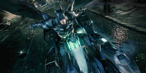 Batman ejecting from the Batmobile in Batman: Arkham Knight