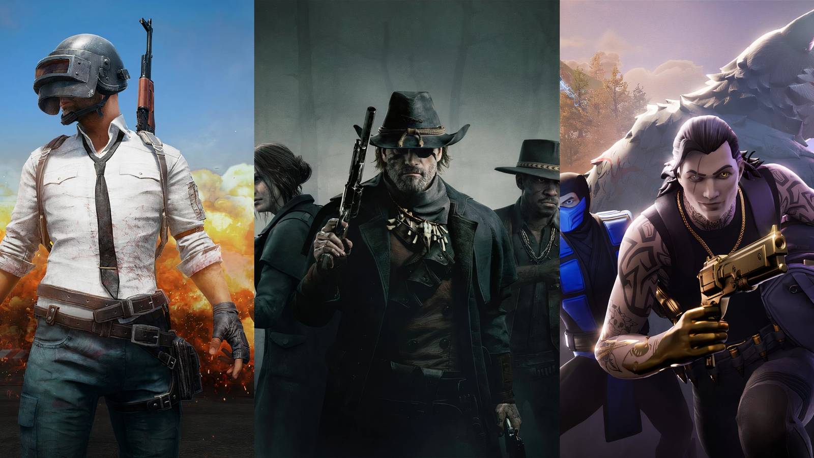 Feature image depicting PUBG, Hunt Showdown, and Fortnite