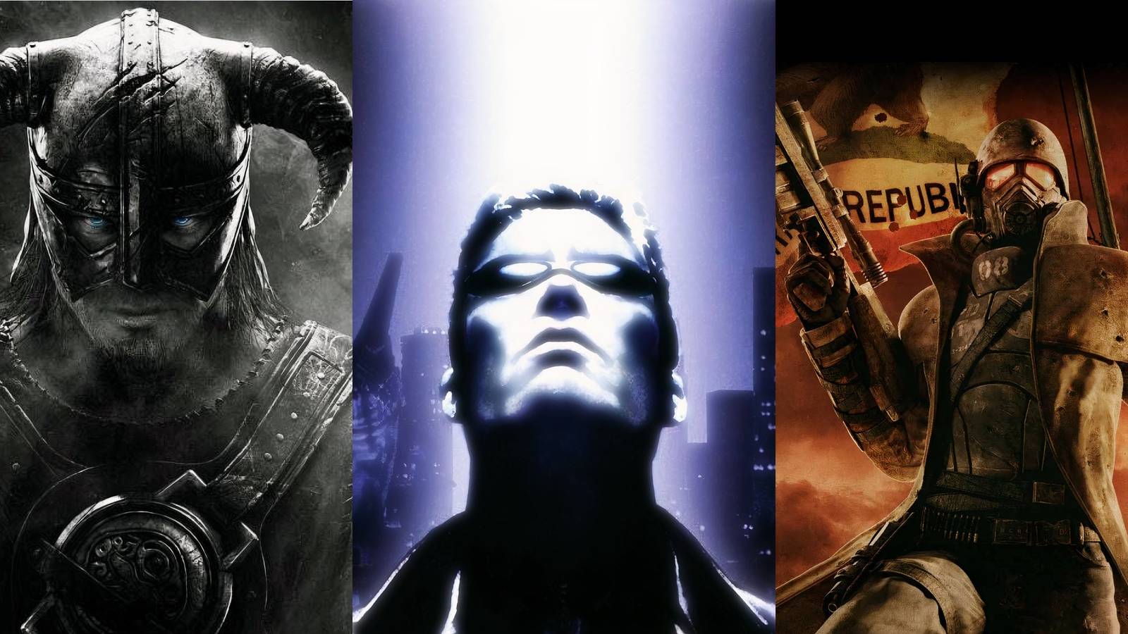 Feature image depicting Skyrim, Deus Ex, and Fallout New Vegas