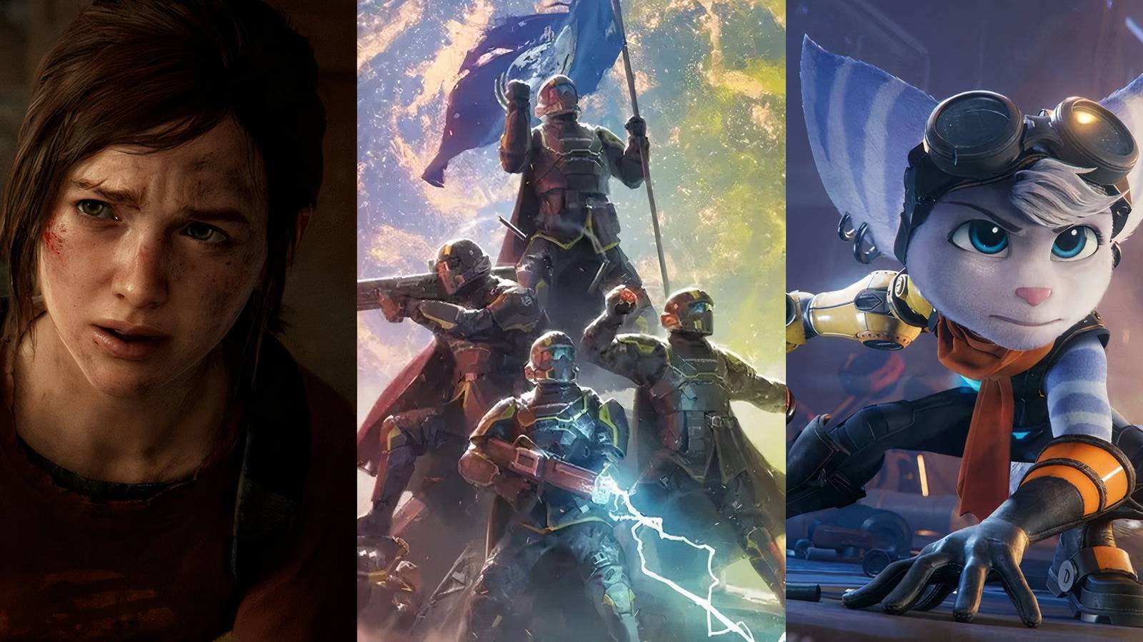 Feature image depicting The Last Of Us Part 1, Helldivers 2, and Ratchet and Clank Rift Apart