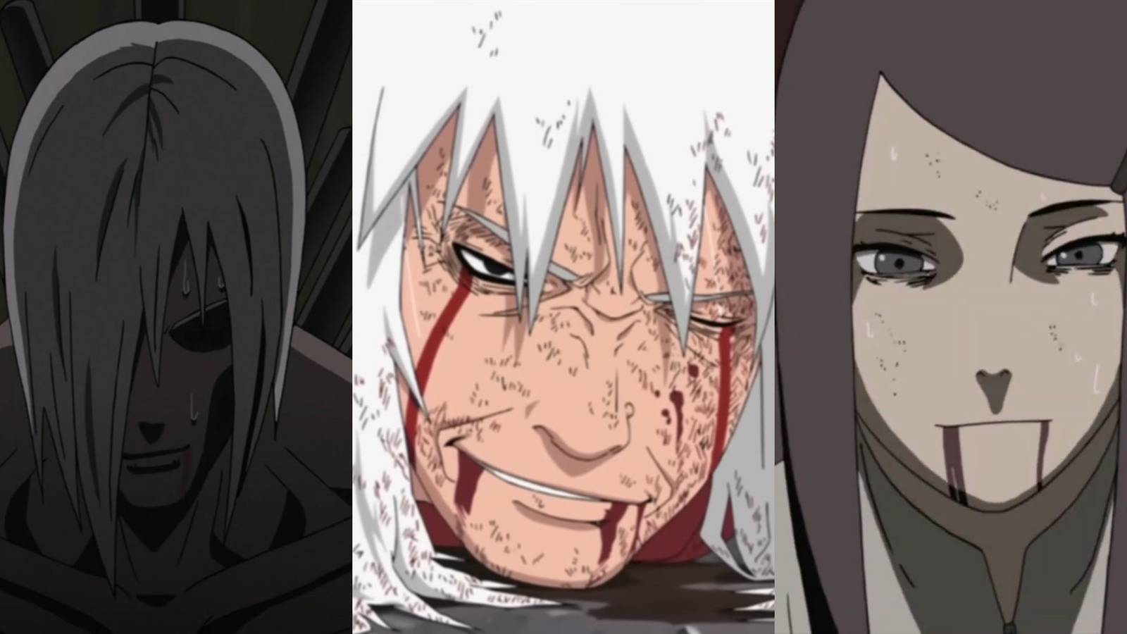 A collage of three characters who have notorious dying speeches: Nagato, Jiraiya and Kushina Uzumaki.
