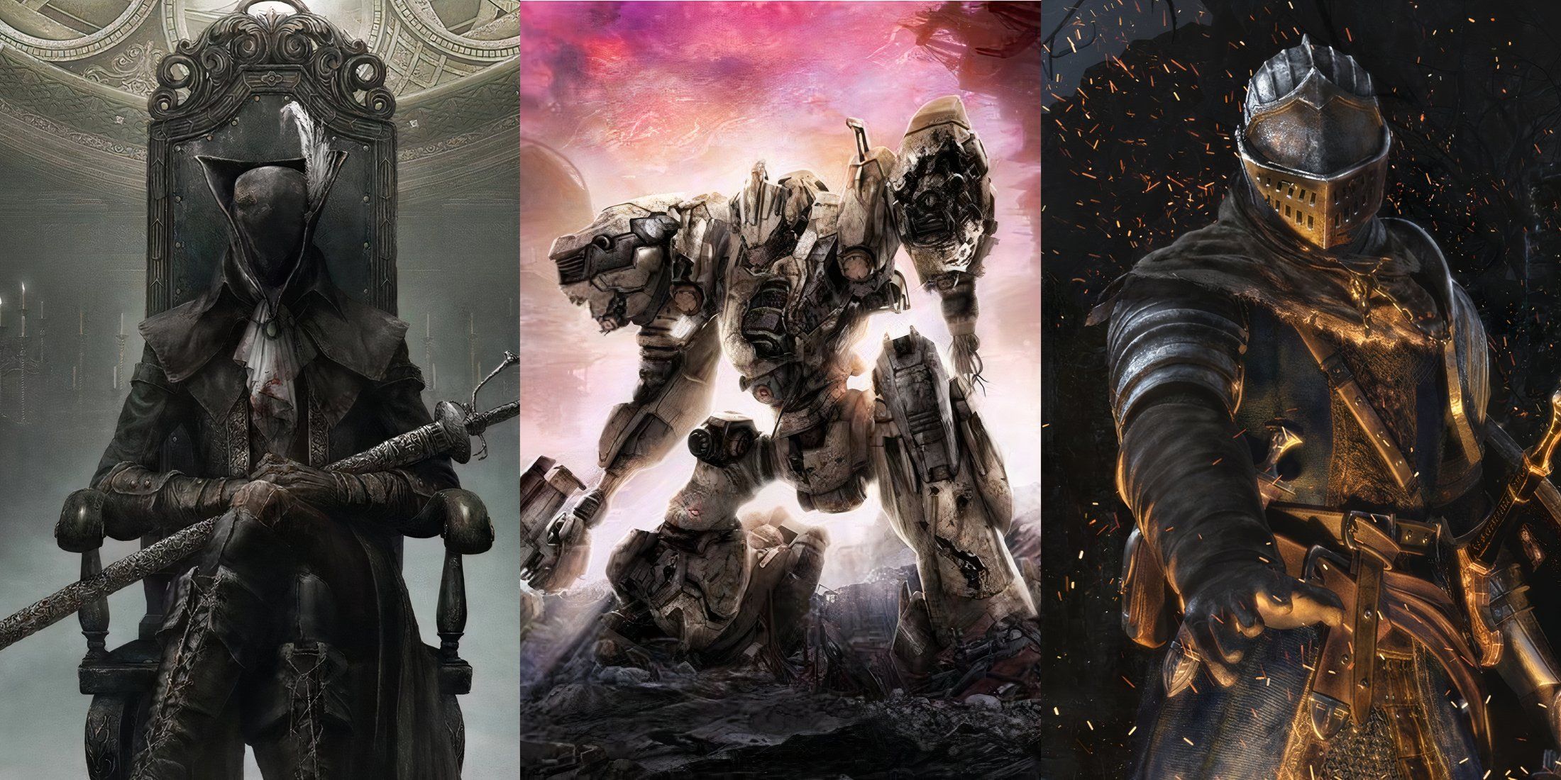 Feature image depicting Bloodborne, Armored Core 6, Dark Souls