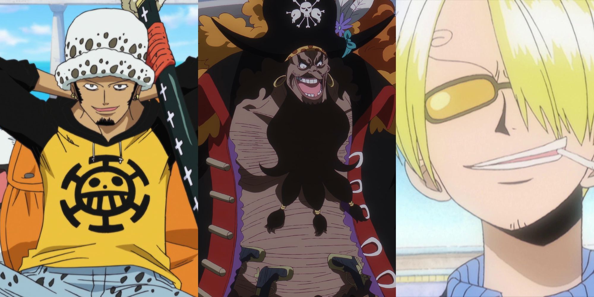 A collage of three One Piece characters who are brilliant strategists: Law, Blackbeard and Sanji.