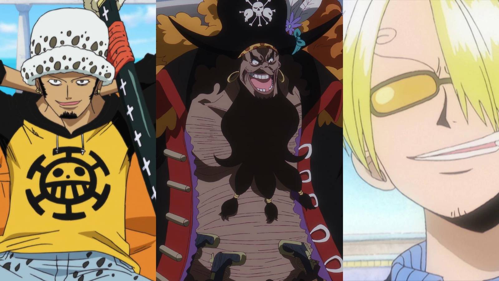 A collage of three One Piece characters who are brilliant strategists: Law, Blackbeard and Sanji.
